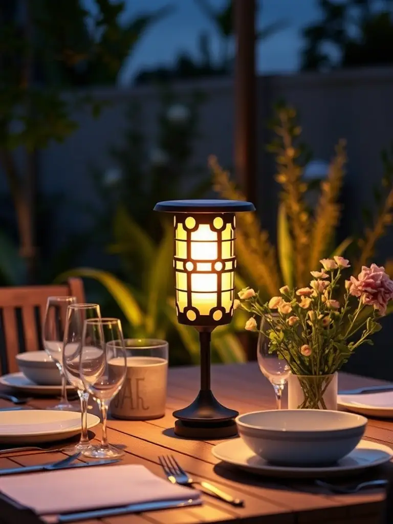 A Table Lamp K illuminating a cozy outdoor patio setting, showcasing its versatility for summer evenings.